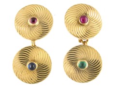 Art Deco Gold, Ruby & Emerald Round Cufflinks of Spiral Design