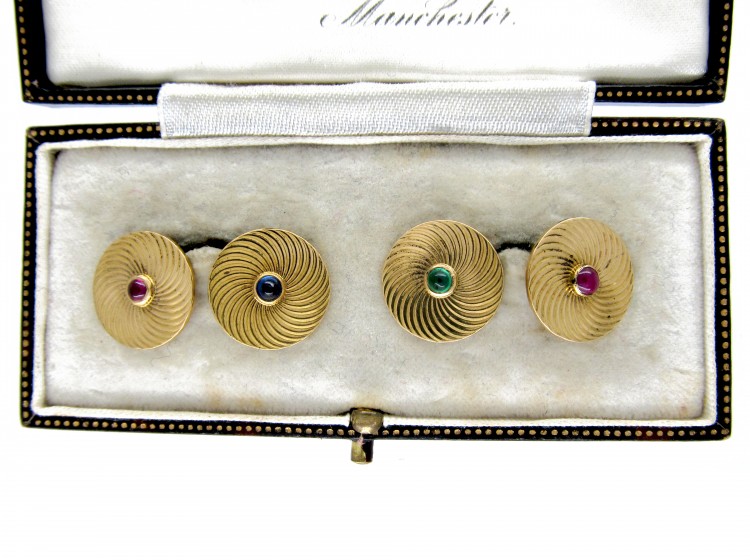Art Deco Gold, Ruby & Emerald Round Cufflinks of Spiral Design