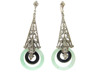 Art Deco Silver, Paste, Jade & Onyx Drop Earrings