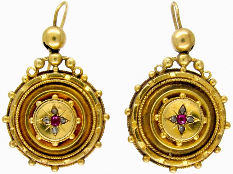 Ruby & Diamond 15ct Gold Victorian Earrings