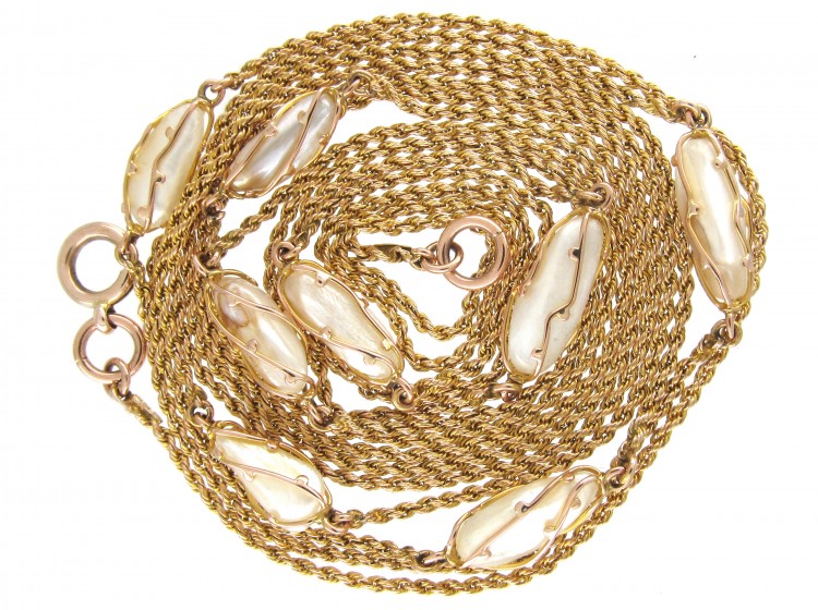 Art Nouveau caged Pearl & 9ct Gold Guard Chain