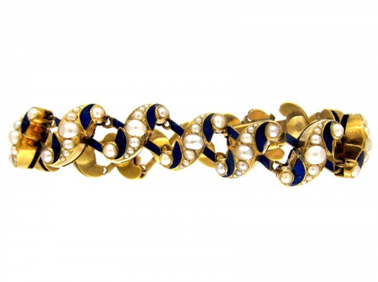 Victorian 18ct Royal Blue Enamel & Natural Split Pearl Bracelet