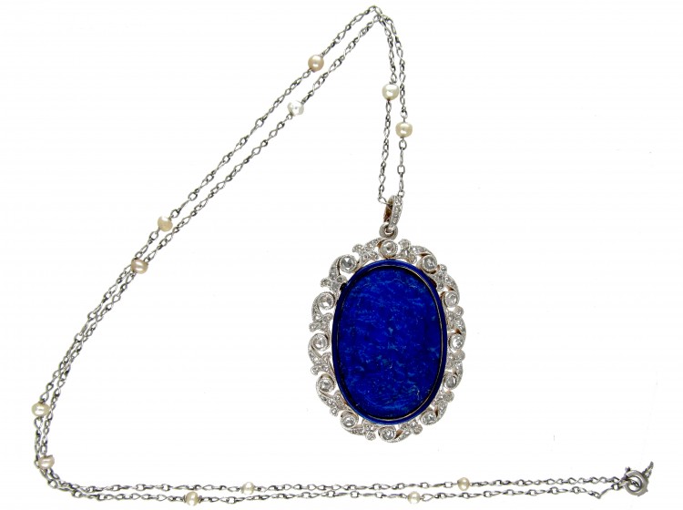 Lapis Lazuli & Diamond Art Nouveau Pendant on Chain