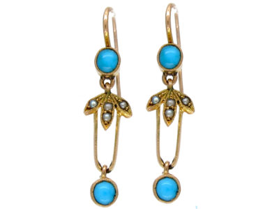 Edwardian Turquoise & Seed Pearl Drop Earrings