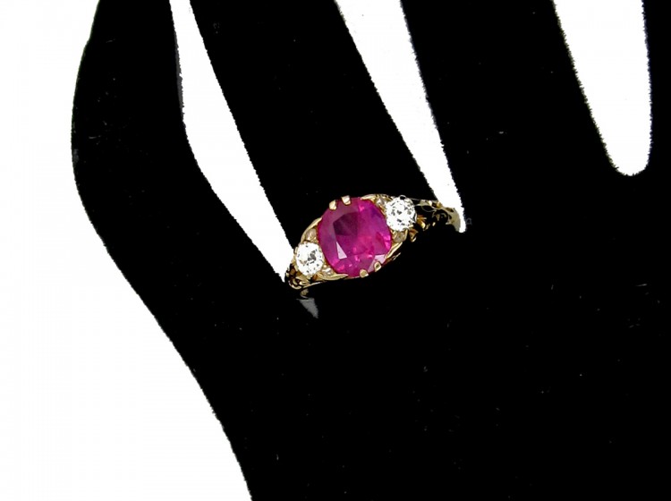 Victorian Pink Sapphire & Diamond Three Stone Ring