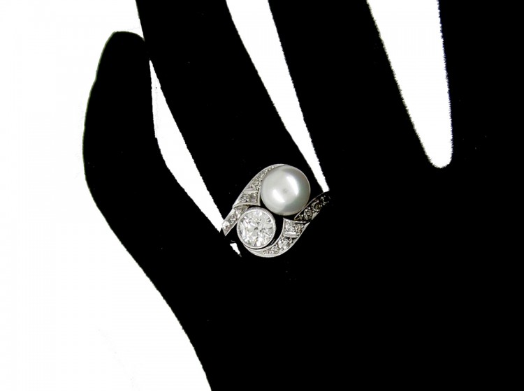 Pearl & Diamond White Gold Art Deco Ring