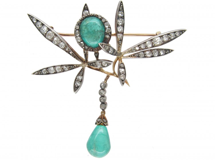 Edwardian Cabochon Emerald & Diamond Floral Brooch