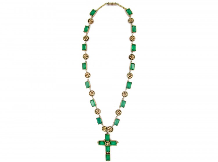 Victorian 9ct Gold & Emerald Paste Holbeinesque Necklace with Cross