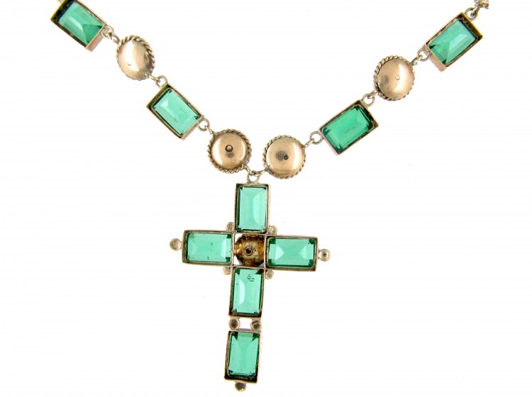 Victorian 9ct Gold & Emerald Paste Holbeinesque Necklace with Cross