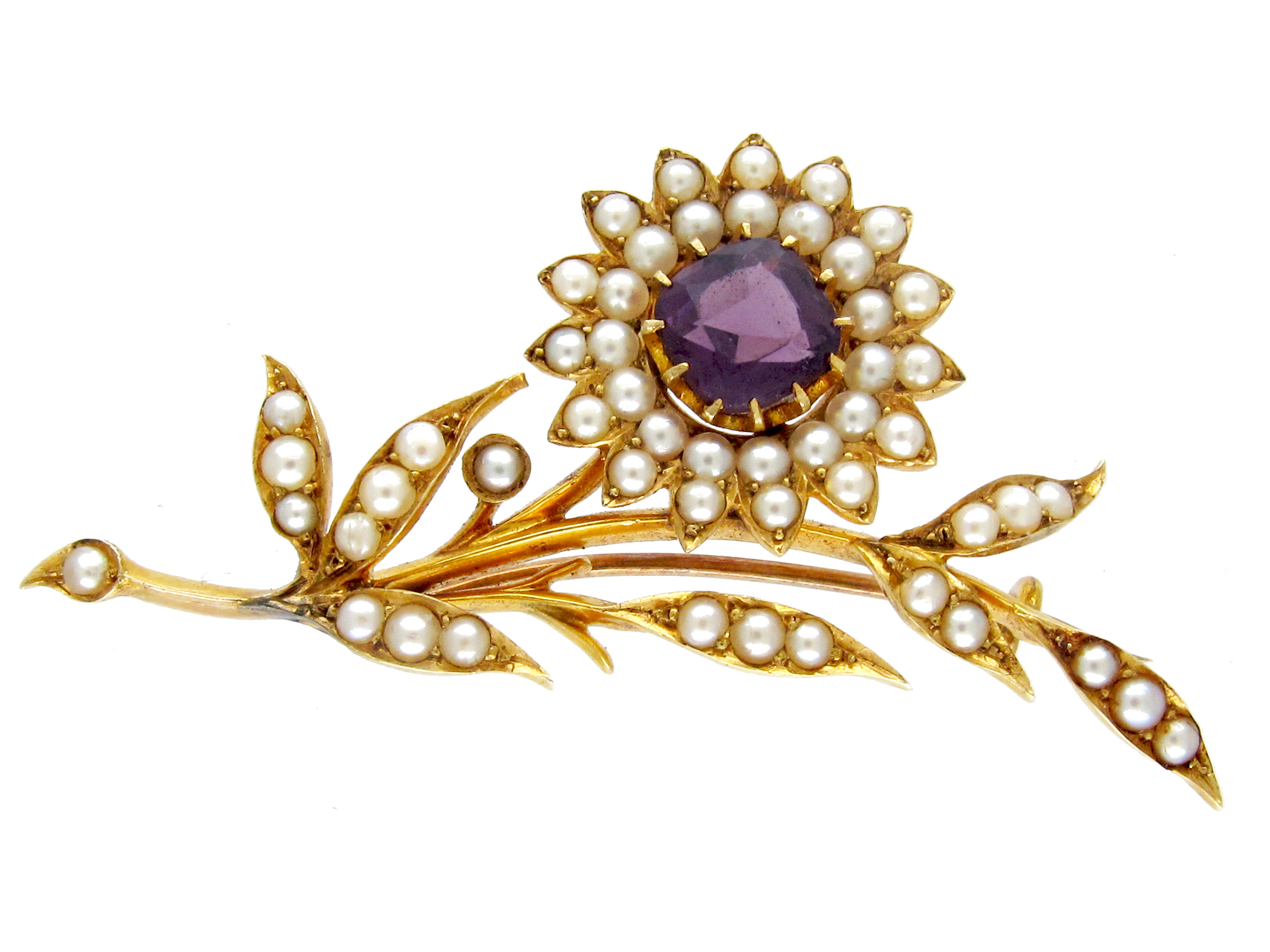 Amethyst & Natural Split Pearl Victorian Flower Brooch (416E) The