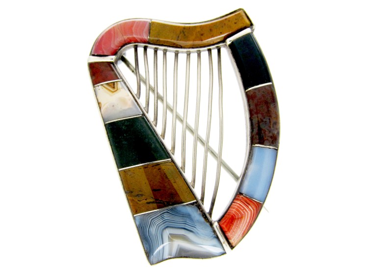 Victorian Silver & Agate Scottish Harp Brooch