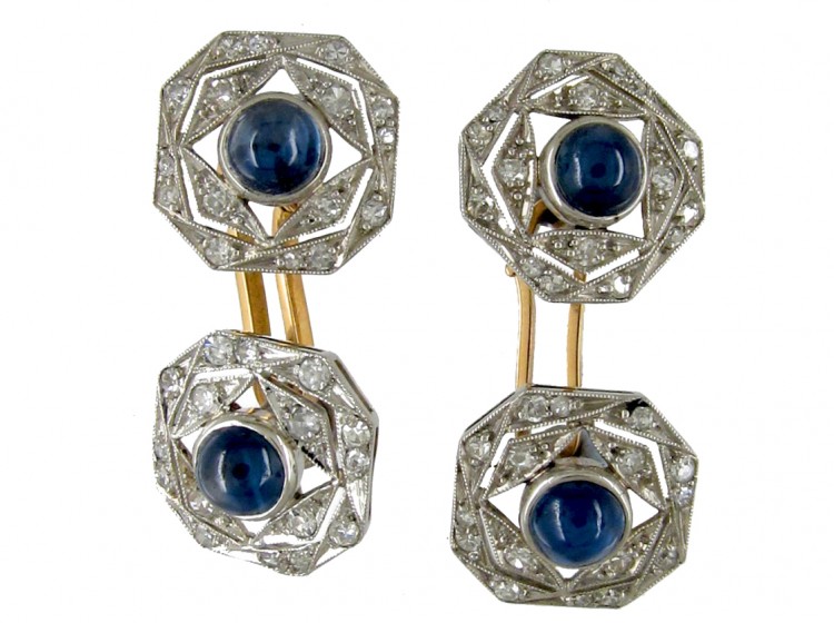 Art Deco Cabochon Sapphire & Diamond Cufflinks