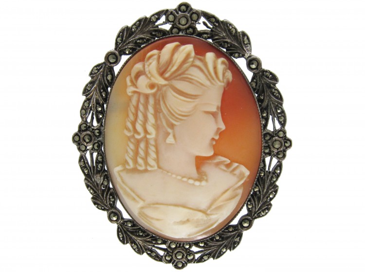 Silver & Marcasite Shell Cameo Brooch