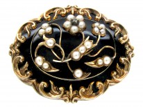 Victorian Black Enamel 15ct Gold Mourning Brooch With Natural Split Pearls & Small Diamond
