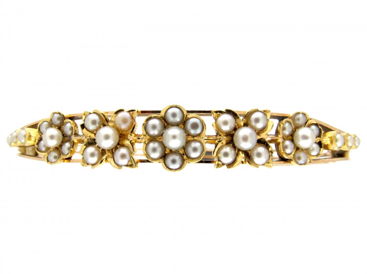 Victorian 15ct Gold & Natural Split Pearl Daisy Cluster Bangle