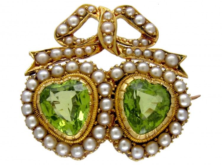 Double Heart Brooch set with Peridots & Natural Split Pearls