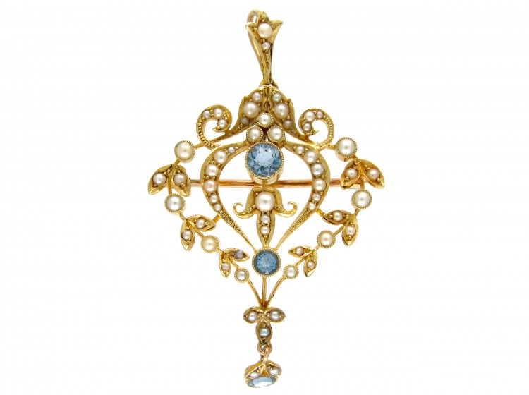 Aquamarine & Natural Split Pearl 15ct Gold Pendant Brooch
