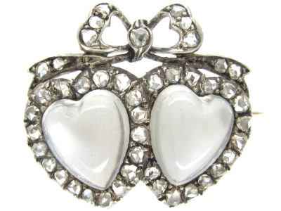 Double Heart Diamond & Moonstone Edwardian Brooch