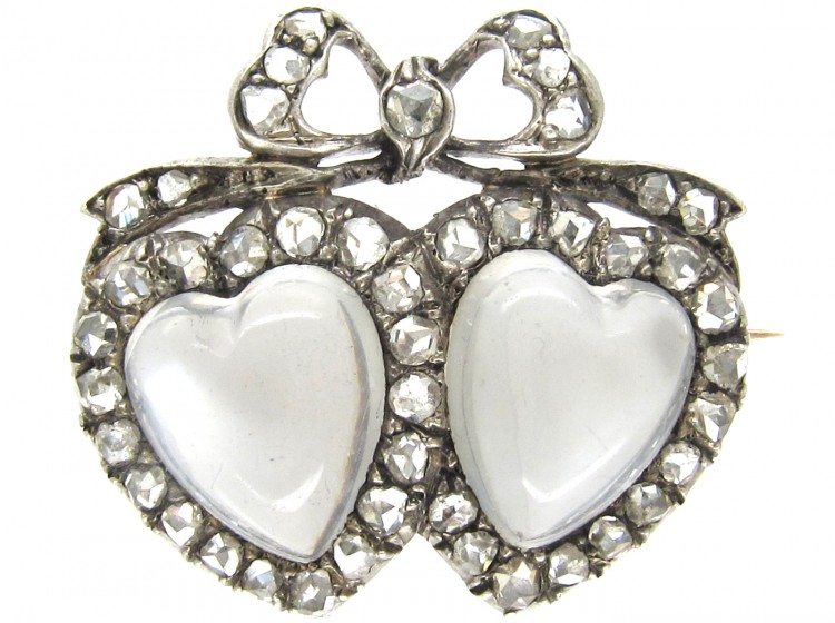 Double Heart Diamond & Moonstone Edwardian Brooch