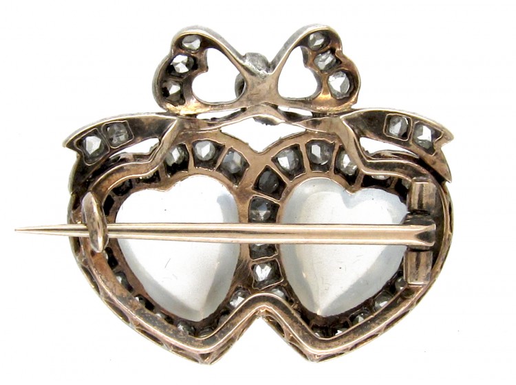 Double Heart Diamond & Moonstone Edwardian Brooch
