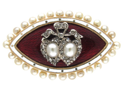 Edwardian Double Heart Enamel & Diamond Brooch