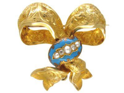 Victorian Turquoise Enamel & Diamond 15ct Gold Bow Brooch