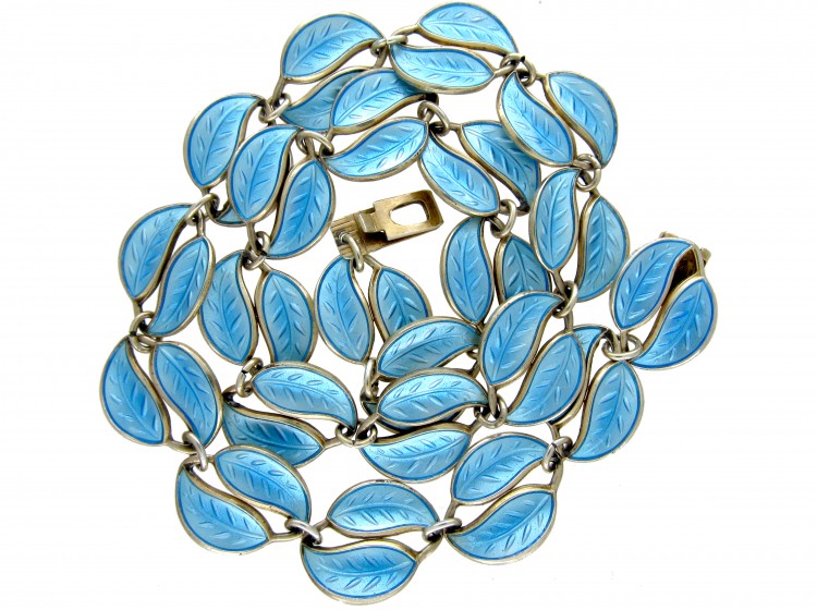 David Andersen Blue Enamel & Silver Leaf Necklace