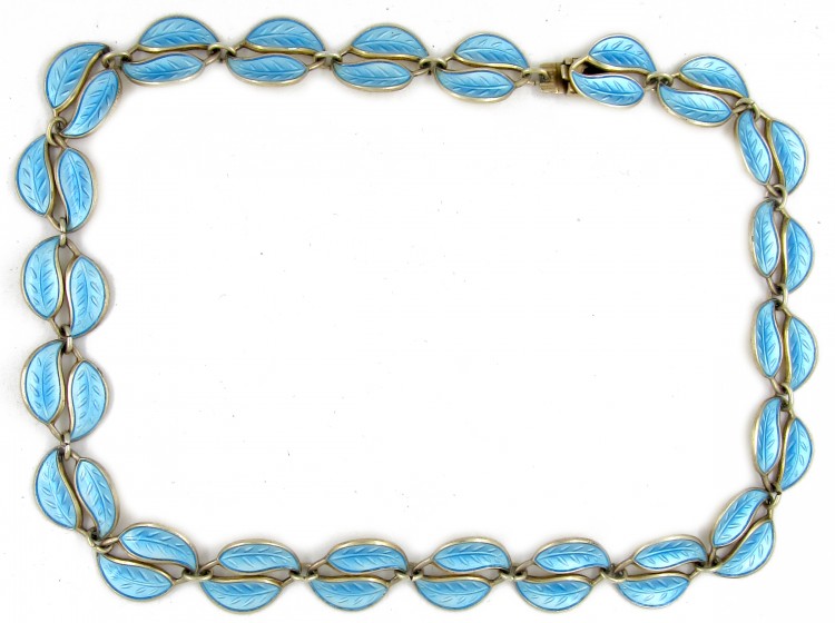 David Andersen Blue Enamel & Silver Leaf Necklace
