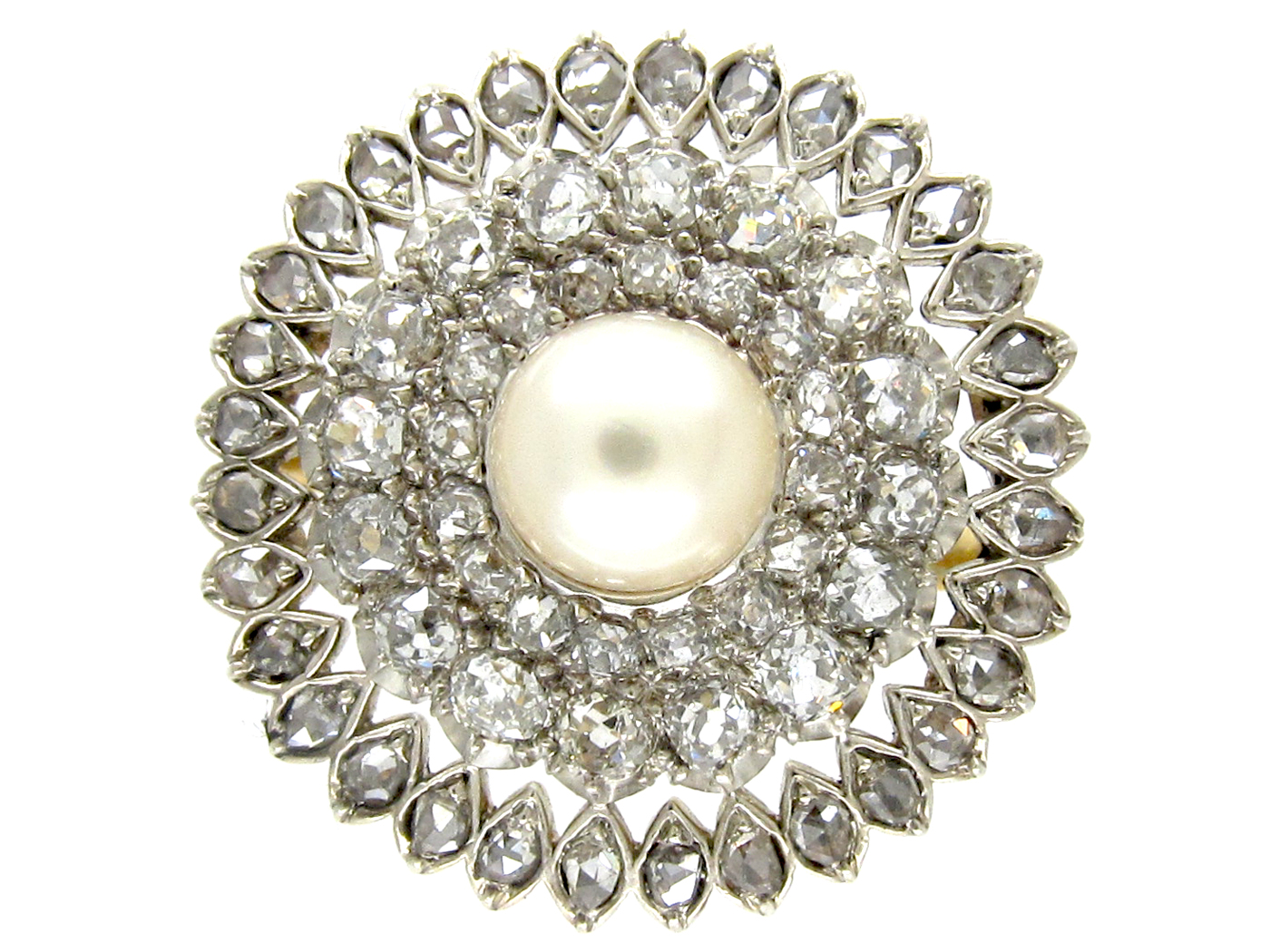 Edwardian Large 18ct Gold, Silver, Diamond & Natural Pearl Cluster Ring