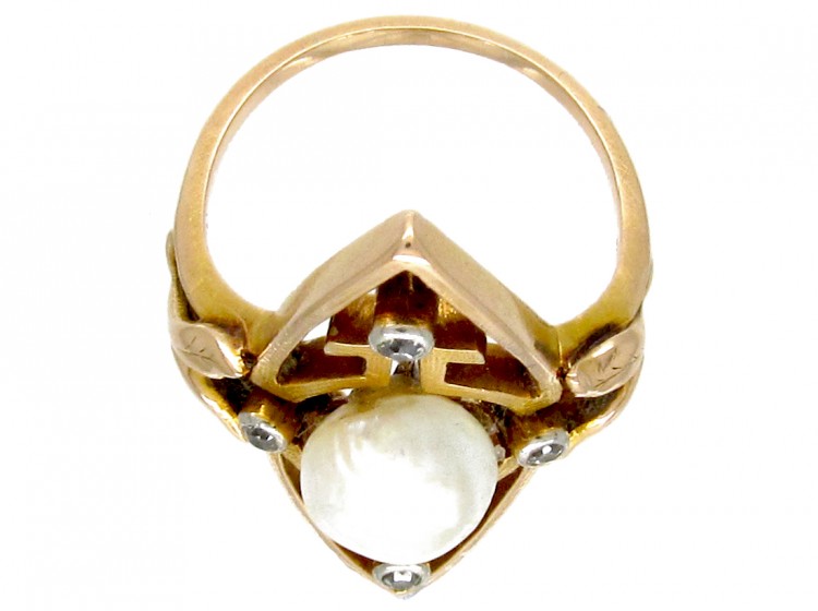 Natural Pearl & Diamond Art Nouveau Ring