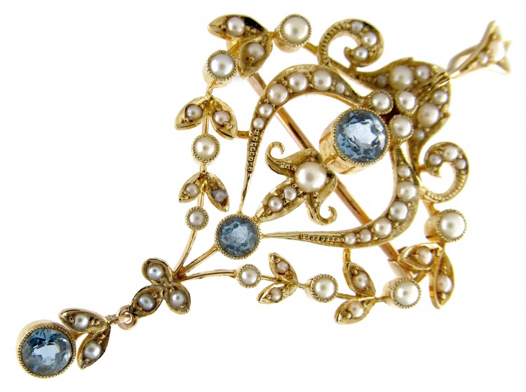 Aquamarine & Natural Split Pearl 15ct Gold Pendant Brooch
