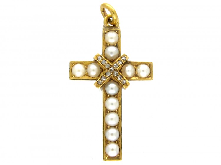 Victorian Natural Split Pearl & Diamond Cross Pendant