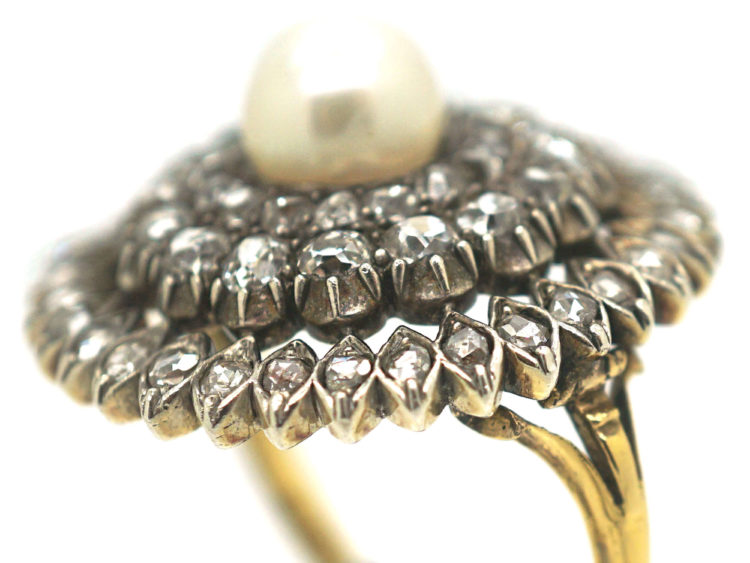 Edwardian Large 18ct Gold, Silver, Diamond & Natural Pearl Cluster Ring