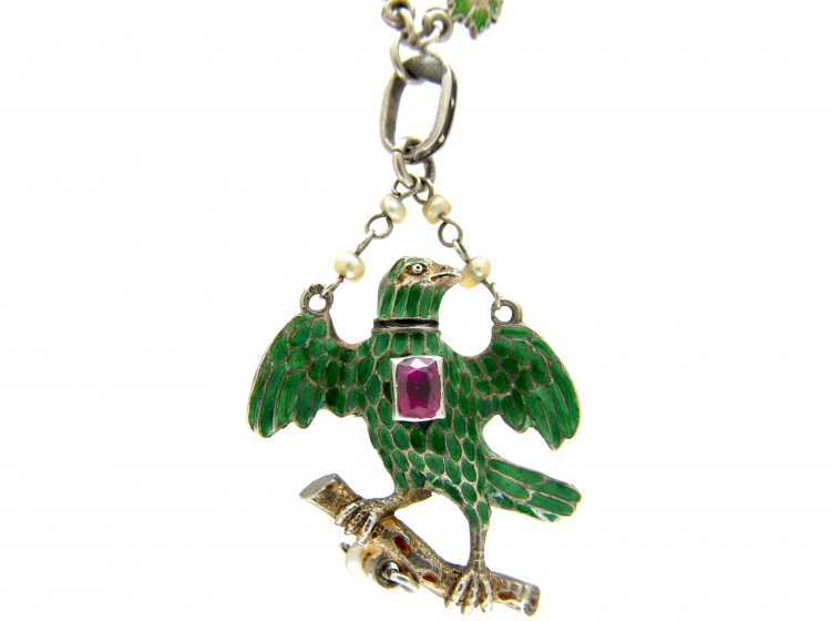 Austro-Hungarian Silver Enamel & Ruby Bird Necklace