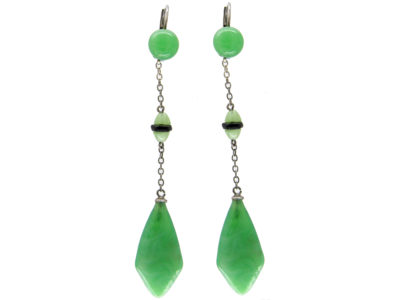 Art Deco Silver & Green Glass Earrings