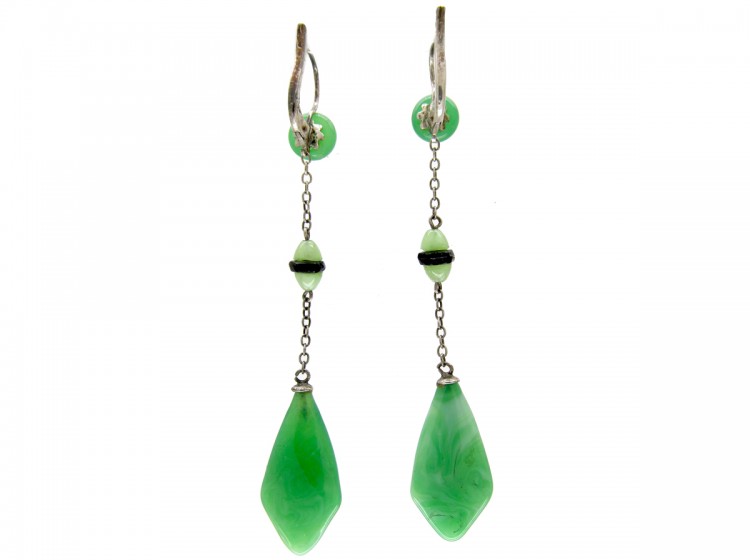 Art Deco Silver & Green Glass Earrings