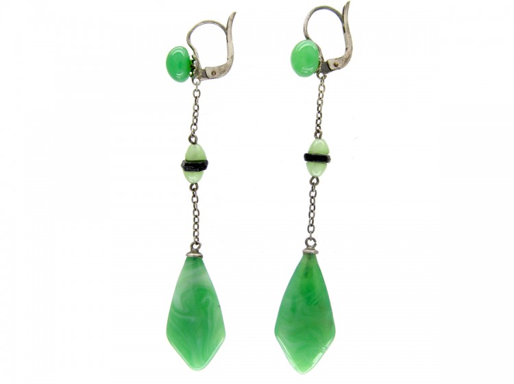 Art Deco Silver & Green Glass Earrings