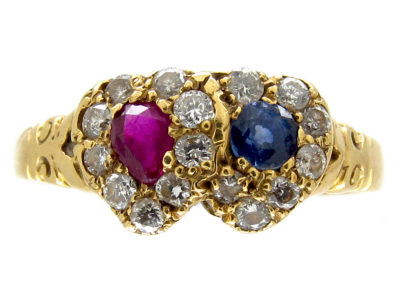 Diamond Ruby & Sapphire Double Heart Ring