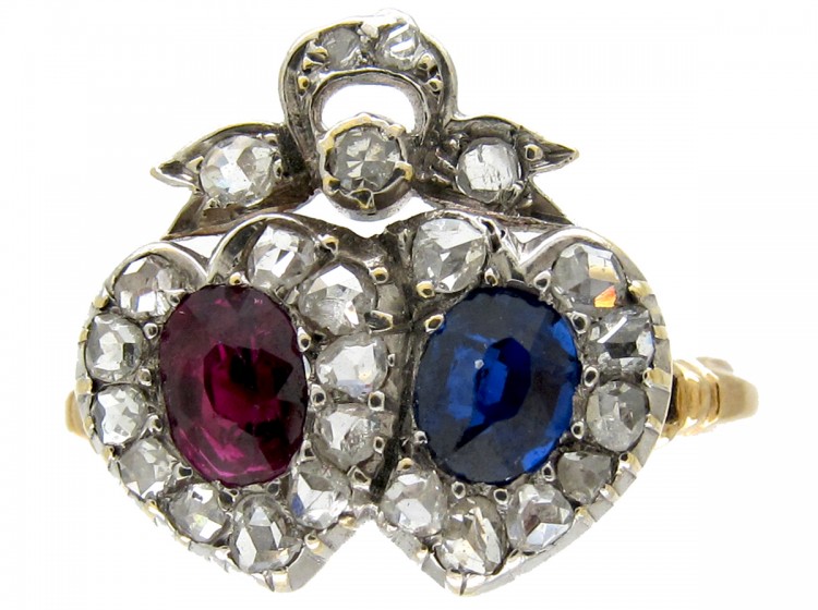 Double Heart Sapphire, Ruby & Diamond Ring