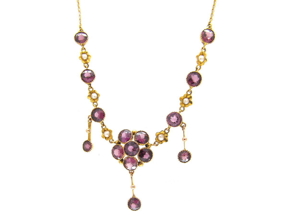 Murrle Bennett 9ct Gold & Garnet & Natural Split Pearls Necklace (58E ...