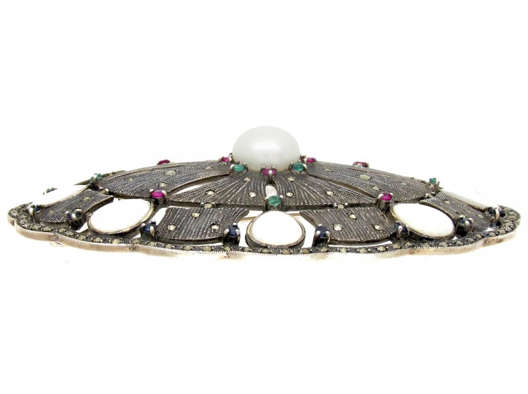 Large Silver Marcasite, Emerald & Ruby Art Deco Brooch Pendant