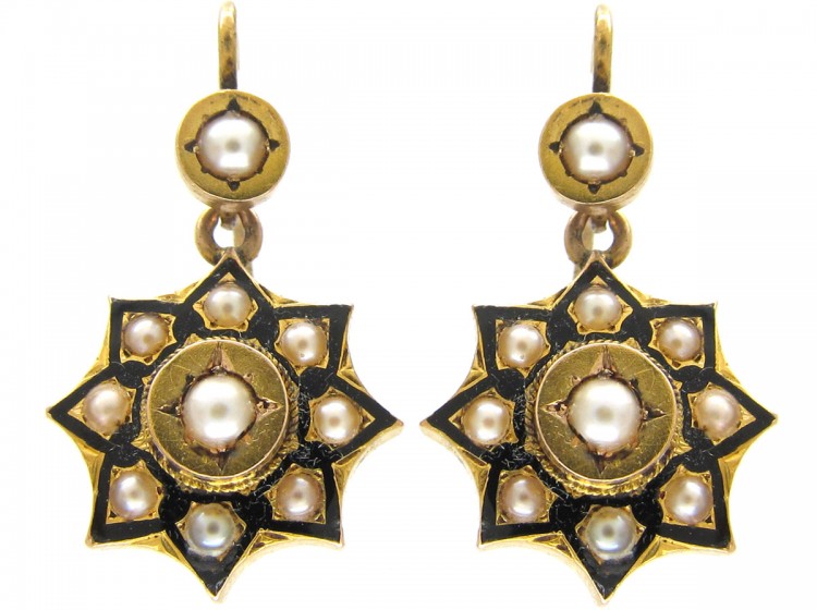 Victorian 15ct Gold Pearl & Enamel Earrings