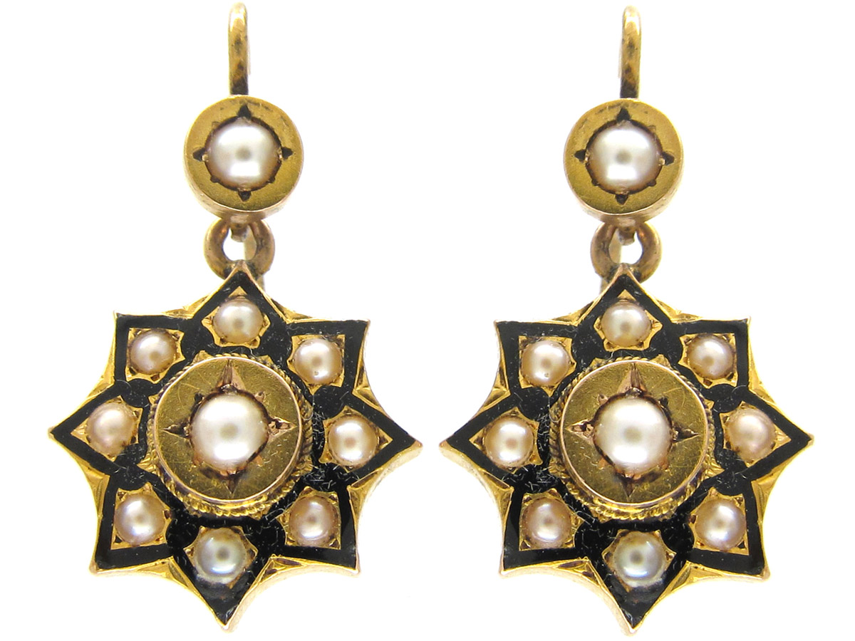 Victorian 15ct Gold Pearl & Enamel Earrings (270E) | The Antique ...