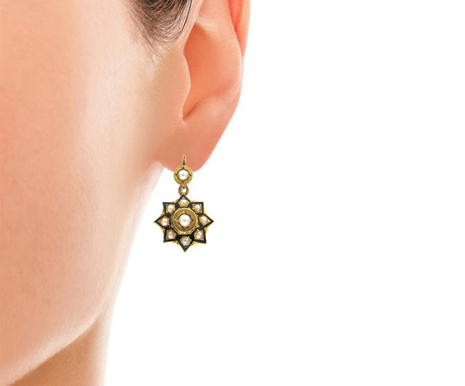 Victorian 15ct Gold Pearl & Enamel Earrings