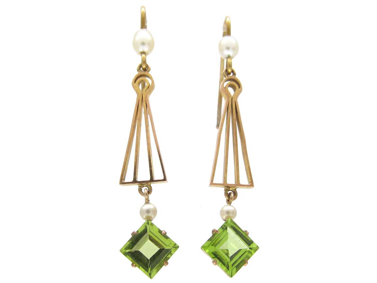 Peridot & Pearl Drop Earrings (827A) | The Antique Jewellery Company