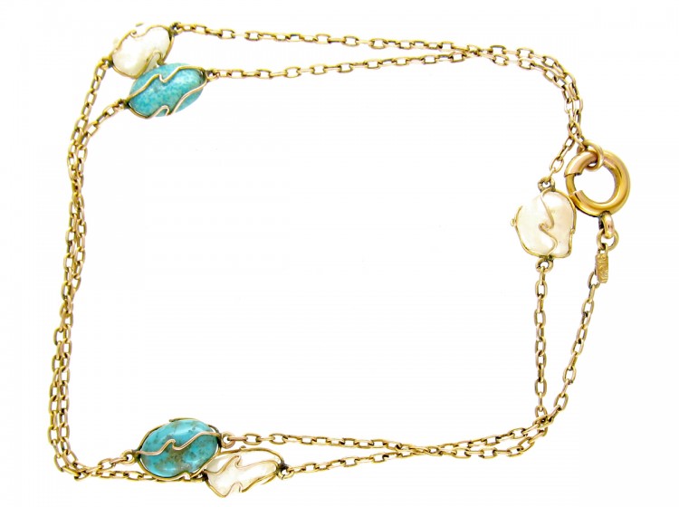 9ct Gold Caged Turquoise & Blister Pearl Chain