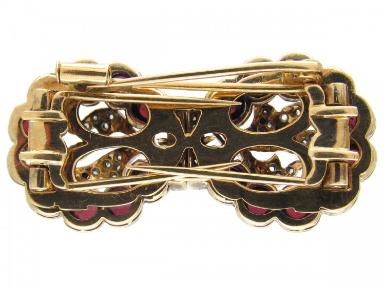Cabochon Garnet & Diamond Art Deco Double Clip Brooch