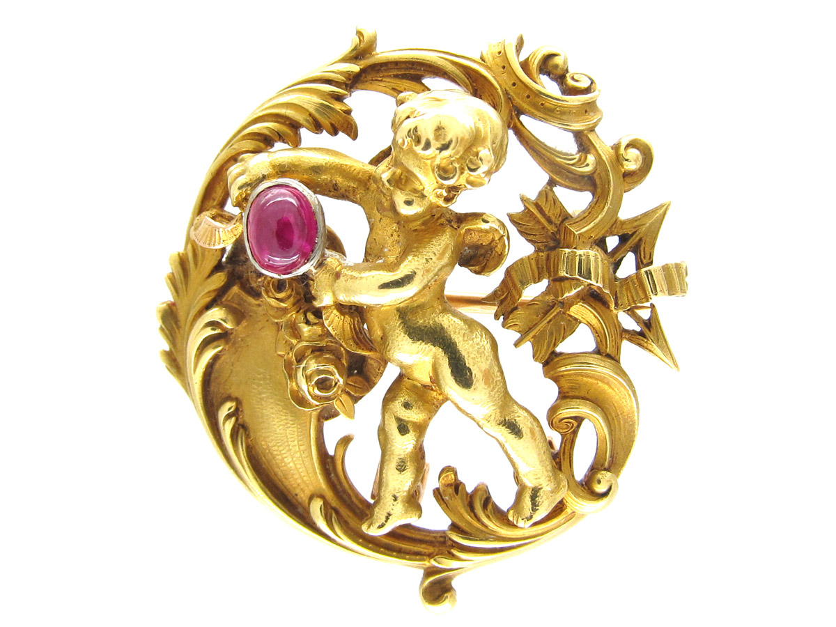 18ct Gold Rococo Cherub Love Brooch - The Antique Jewellery Company