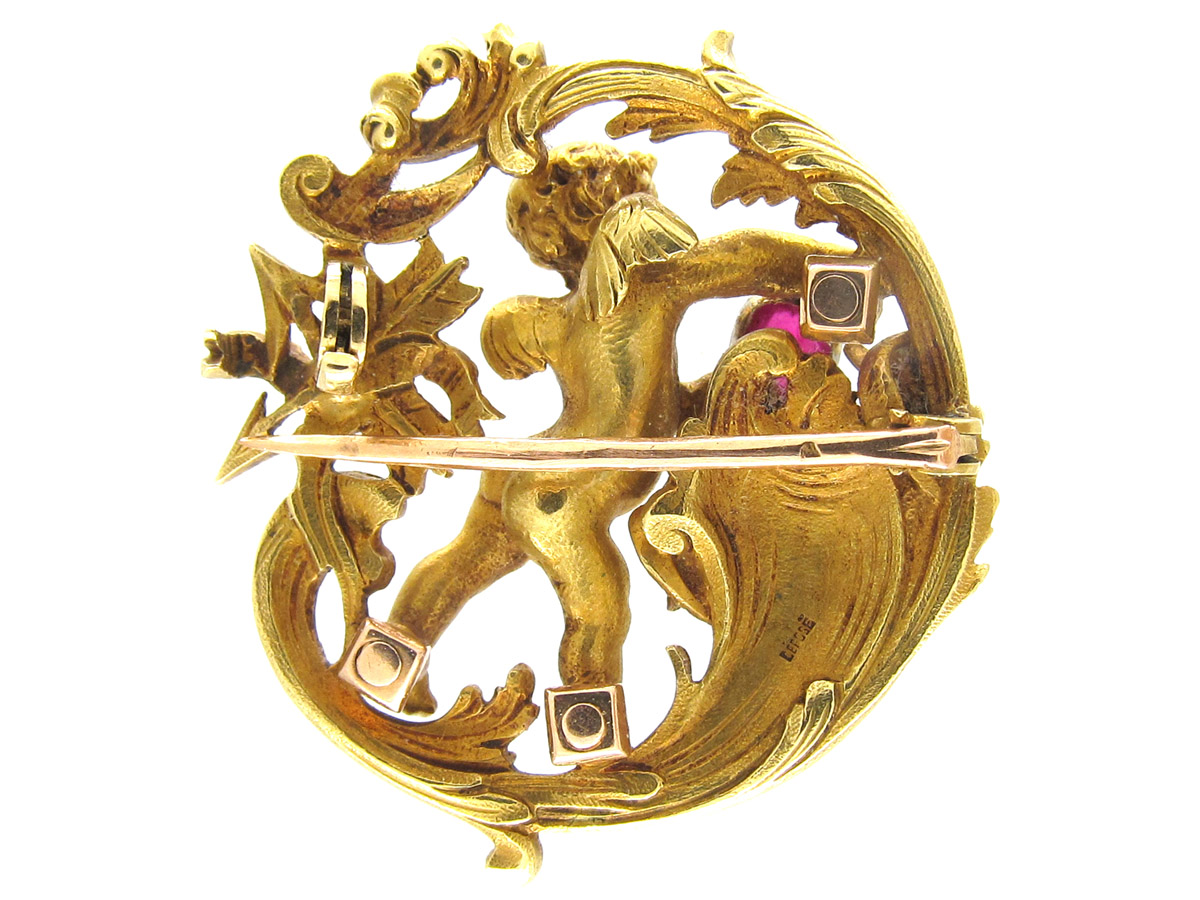 18ct Gold Rococo Cherub Love Brooch - The Antique Jewellery Company