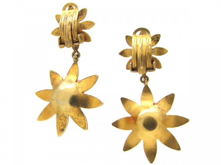 Victorian Silver Gilt ​& Coral Two Flower Earrings